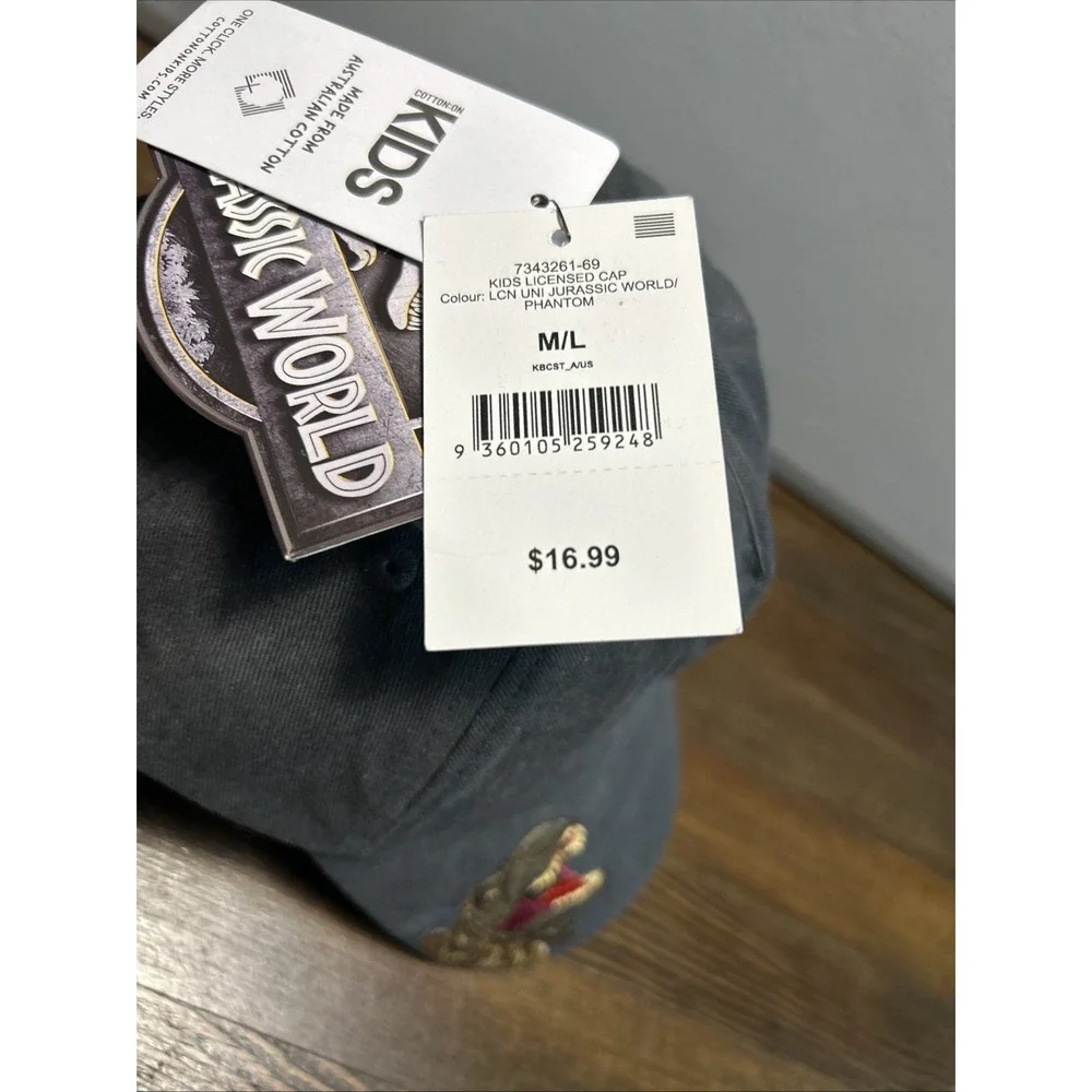 Cotton On Kids Hat M/L Grey Jurassic World Licensed Cap T-Rex Raptor Embroidered
